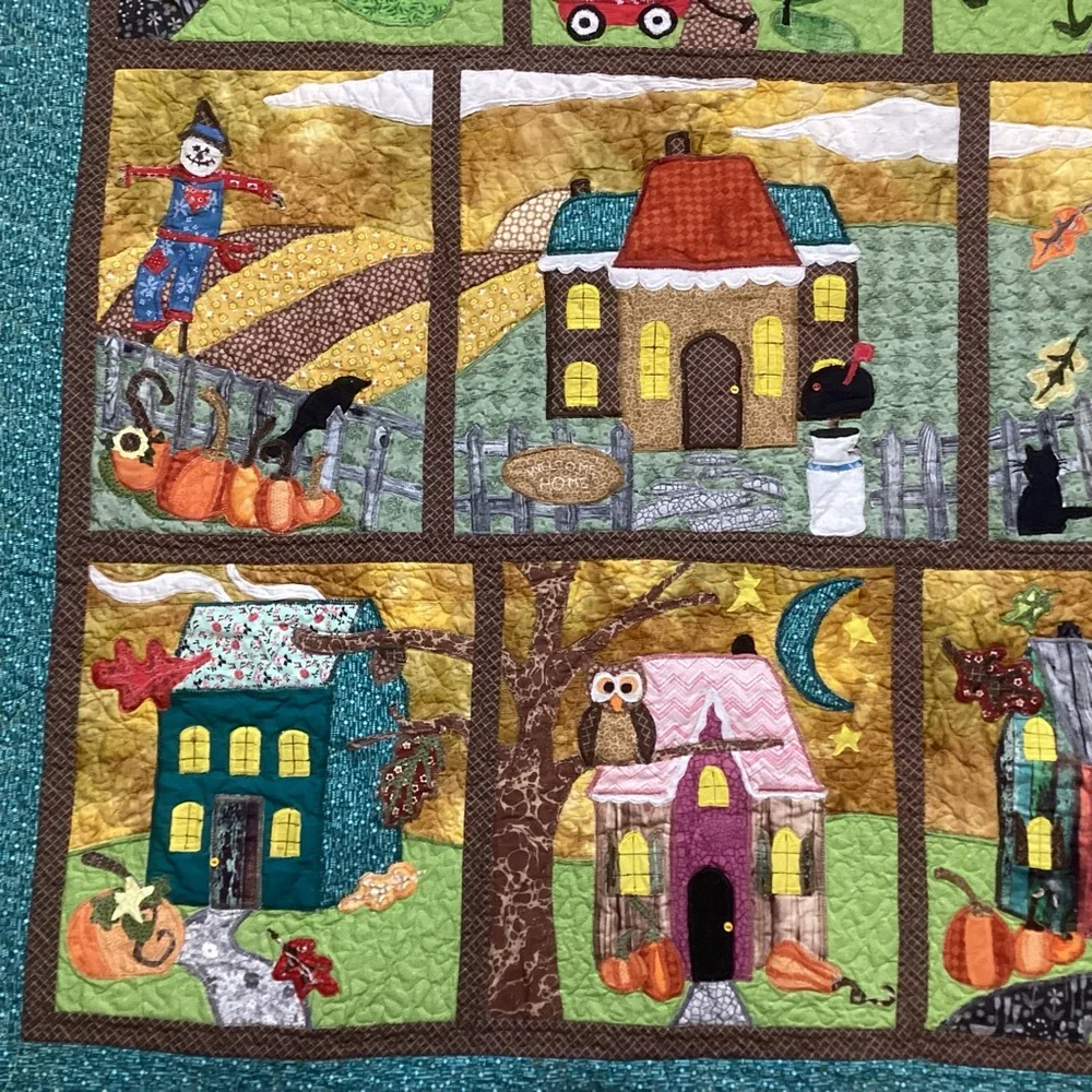 Hand Crafted Art Quilt Houses Schoolhouse Seasons 47”x55”